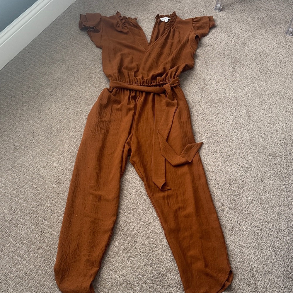 Evereve Rust Brown V-Neck Tie-Waist Jumpsuit